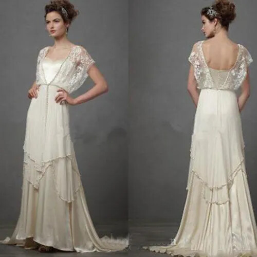 Vintage Brautkleider mit Ärmeln Fee Spitze Chiffon V Ausschnitt Brautkleider - Bild 1 von 7