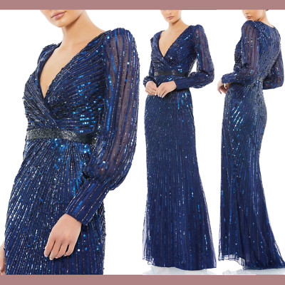 NWT $598 Mac Duggal [ 12 ] Sequined Wrap Over Bishop Sleeve Gown Mid Blue #Q830