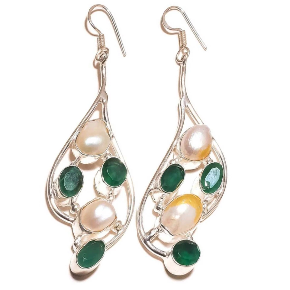 Russian Green Onyx and White Biwa Pearl Gemstone Handmade Drop Dangle Earrings - Image 2 of 3
