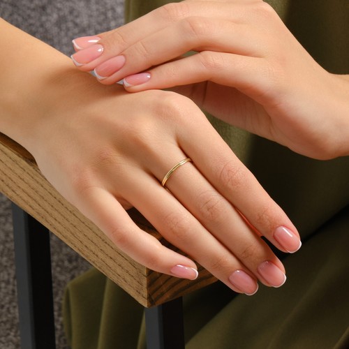 Double Band Ring 14K Solid Yellow Gold Minimalist Stacking Wedding Band for Her - Picture 6 of 7