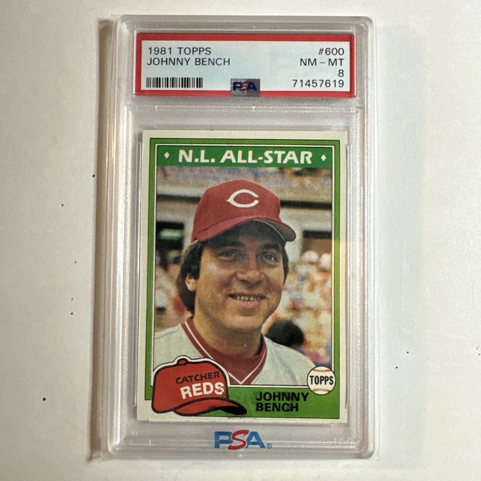 1981 TOPPS #600 JOHNNY BENCH REDS HOF PSA 8