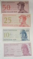Lot of 4 Different 1964 Bank Notes from Indonesia Uncirculated