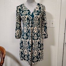 Cream II 2 Dress Boho Green dark teal Small damask  V-neck mod elegant  Feminine