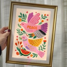 Peace Dove Wall Art Print Free Palestine CHARITY Folk Bird Poster Decor A4 A3