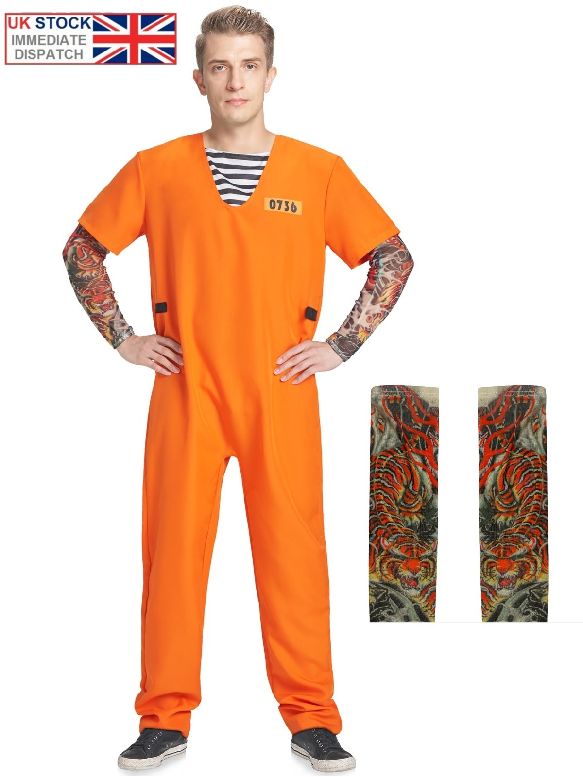 DISFRAZ DE PRISIONERO ADULTO CONVICTO DISFRAZ NARANJA TRAJE TATUAJE MANGAS HALLOWEEN