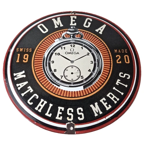 Vintage Omega Watches Sign - Matchless Merits Store Display Gas Porcelain Sign
