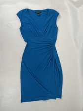 Ralph Lauren Ruched Belly V Neck Shoulder Pads Dress Womens Size 2 Blue