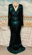 Gatsby Maxi Dress 18 Green Black Sequin Fishtail Goddiva Deco 20s Prom Evening