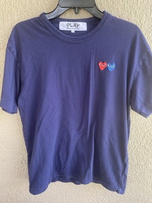 Commes Des Garcon Play Blue Short Sleeve T Shirt Double Heart Red & Blue Large