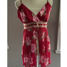 California Dynasty Floral Red Ivory Split Front Babydoll Slip Dress