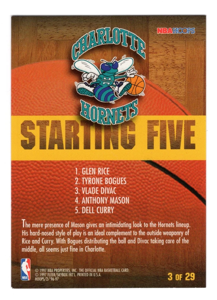 1996-97 NBA HOOPS STARTING FIVE CHARLOTTE HORNETS INSERT CARD #3  **NM-MT** - Image 2 of 2