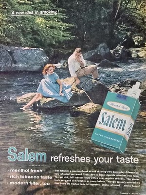 1958 Salem Menthol Fresh Filter Cigarettes Couple Smoking Rocks Vintage ad 