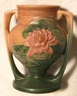 Vintage ROSEVILLE POTTERY double handled VASE WATER LILY 174-6” in pink / green