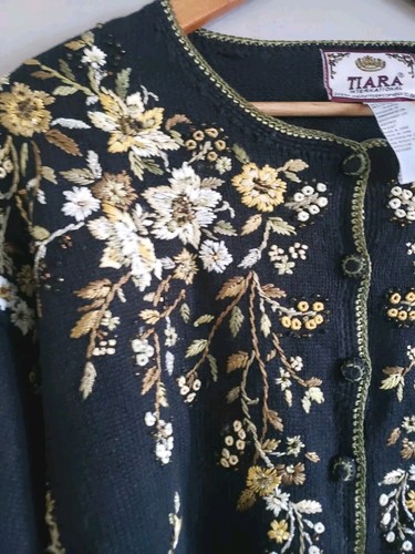Vtg Tiara International Cardigan Women Large Black Sequins Embroidery Floral NWT - Picture 2 of 9