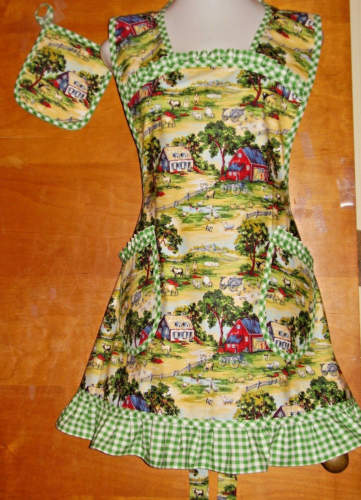 HANDMADE BIB APRON - PLUS SZ - FARMHOUSE COWS HORSES CHICKENS - VINTAGE - RETRO