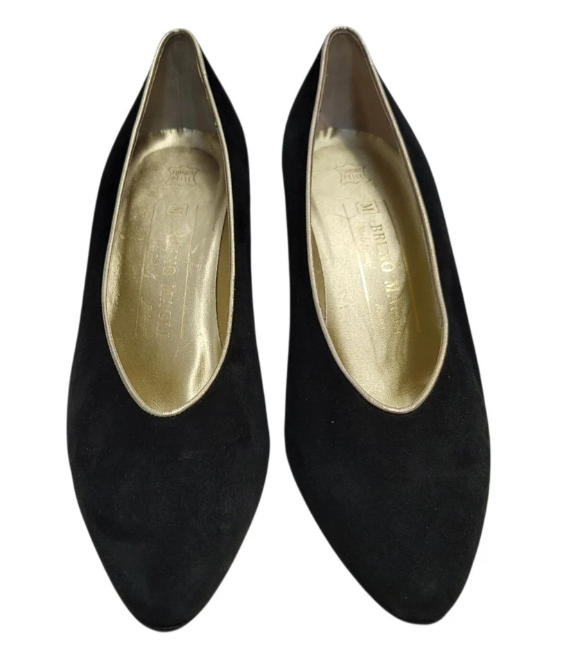 Zapatos de salón BRUNO MAGLI de colección para mujer 7,5 negros gamuza ribete dorado clásicos tacón medio Italia Foto 2 de 4