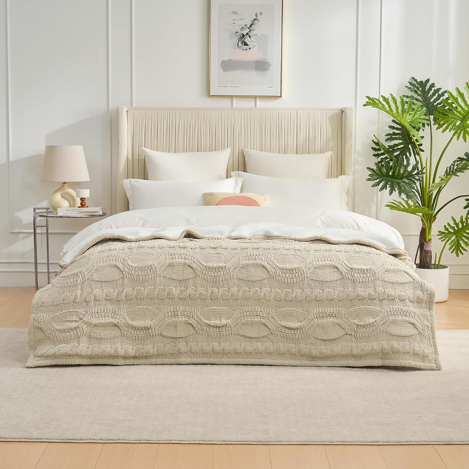 Chenille Sherpa Reversible Cable Knit Throw Blanket Soft Cozy Warm Couch Bed