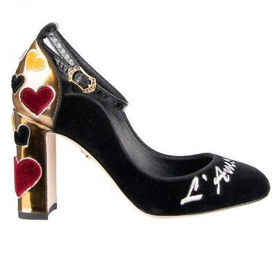 DOLCE & GABBANA Samt Fesselriemen Herzen Pumps VALLY L'Amore Schwarz Gold 09041