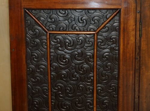 STUNNING ANTIQUE VICTORIAN MAHOGANY & EMBOSSED LEATHER LIBRARY BOOKCASE CUPBOARD - Picture 5 of 22
