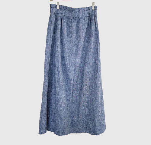 Express Skirt Size S Maxi Chambray Linen Skirt Blue Front Slit Elastic Pull On - Picture 2 of 10