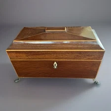Antique Regency Partridgewood & Boxwood Inlaid Tea Caddy, C 1800