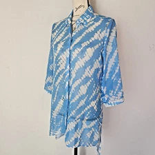 NWT Chico's Soft Dyes Deva Top Button 3/4 Sleeve Chiffon Infinite Aque Sz.0 $99