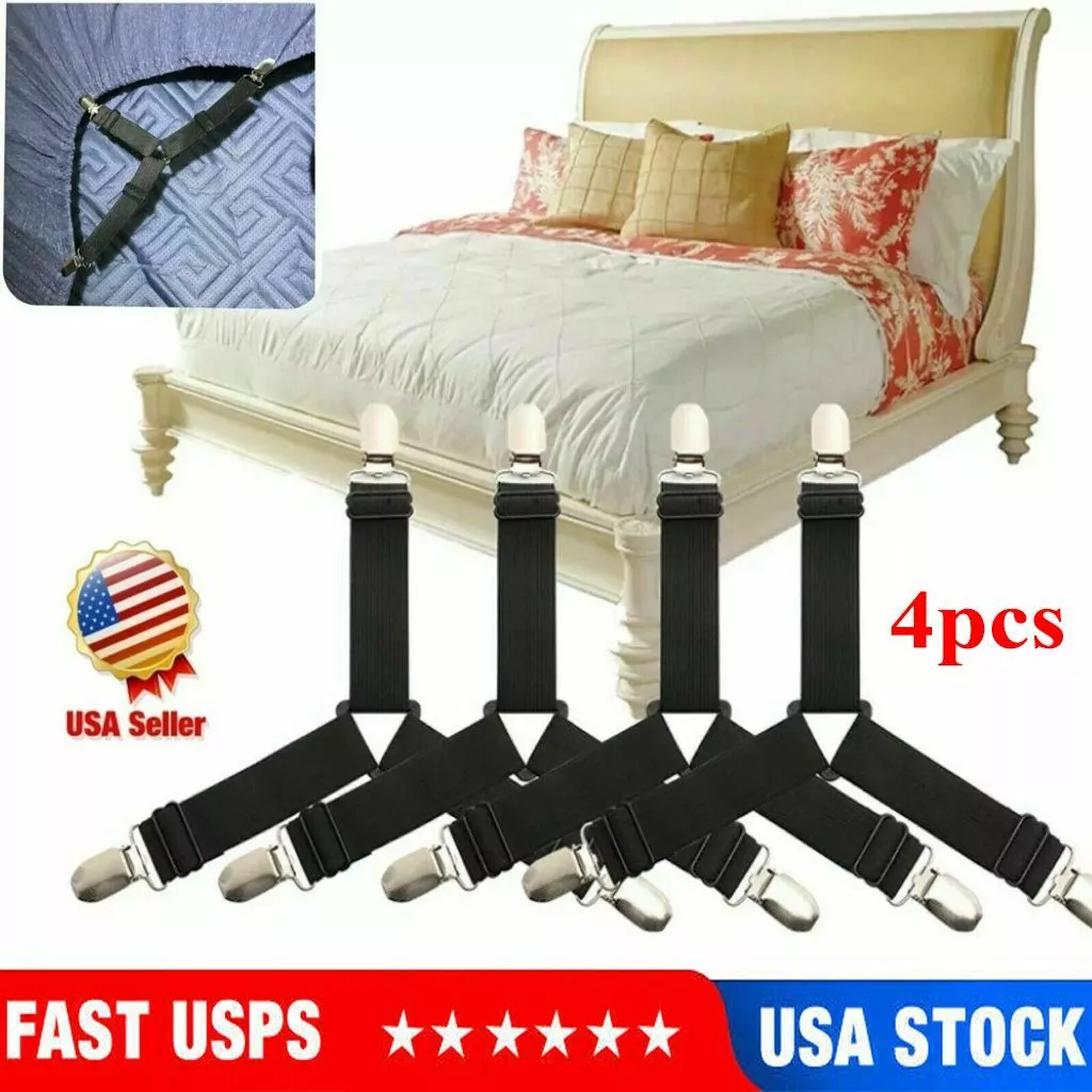 4PCS Bed Sheet Fasteners, Adjustable Triangle Elastic Suspenders Gripper  Holder Straps Clip for Bed Sheets,Mattress Covers