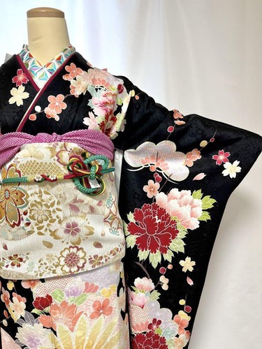 Japan Vintage Furisode Kimono Obi Obijime Obiage 7Piece Set Black Modern Antique - Picture 7 of 12