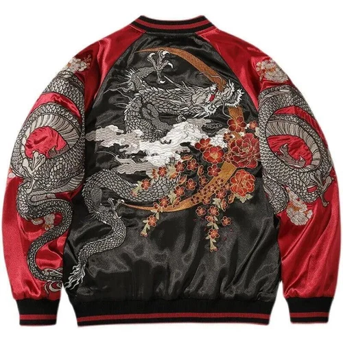 Mens Bomber Japanese Pattern Embroidery Dragon Tattoo Sukajan Fashion Jacket - Picture 10 of 13