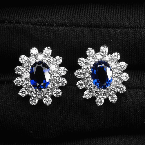 Gorgeous Vivid Blue Sapphire 2.11Ct 925 Sterling Silver Handmade Floral Earrings