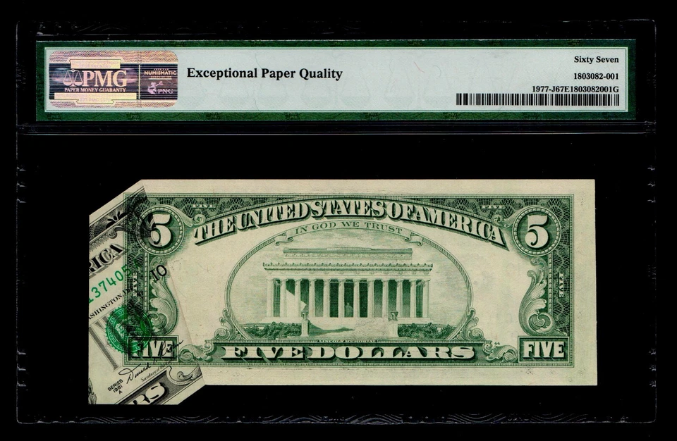 RARE Printed Fold Error 1981-A $5 Federal Reserve Note Kansas City PMG GEM 67EPQ - Image 2 of 2