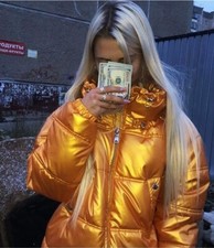 Zara Pumpkin Metallic Quilted Puffer Anorak Jacket Coat Size L-xl