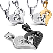 I Love You Matching Heart Couple Necklace for Men Women Stainless Steel Pendant