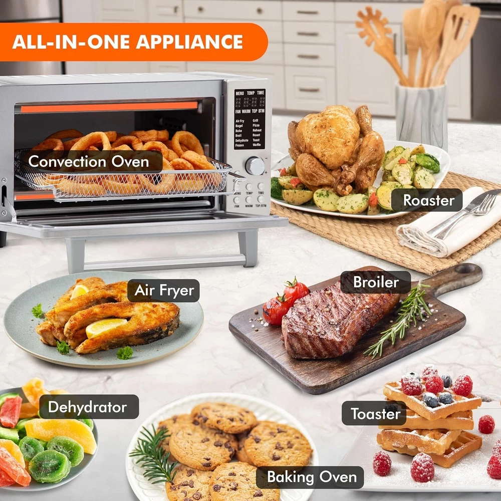 10-in-1 Air Fryer Toaster Oven with Convection Broiler and Dishwasher Safe Cookware