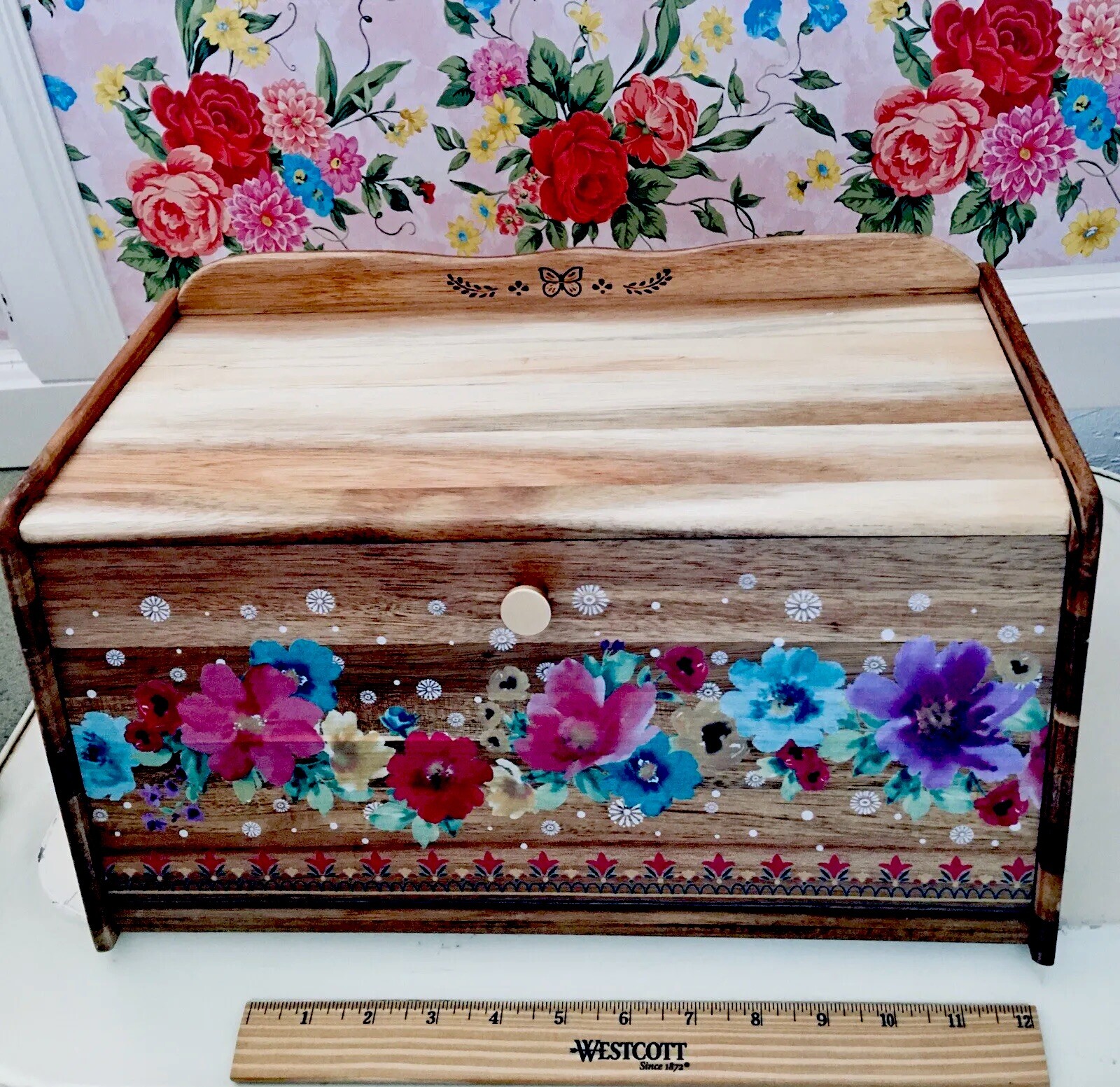 The Pioneer Woman Bread Box Breezy Blossom Flowers Acacia Wood Pink