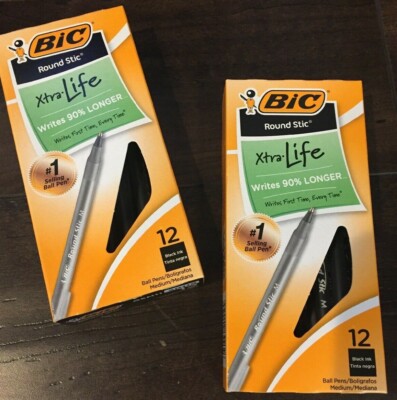 Black Ink Ballpoint Pen BIC Round Stic Medium Set of 60 Pens (5 Packs of 12)
