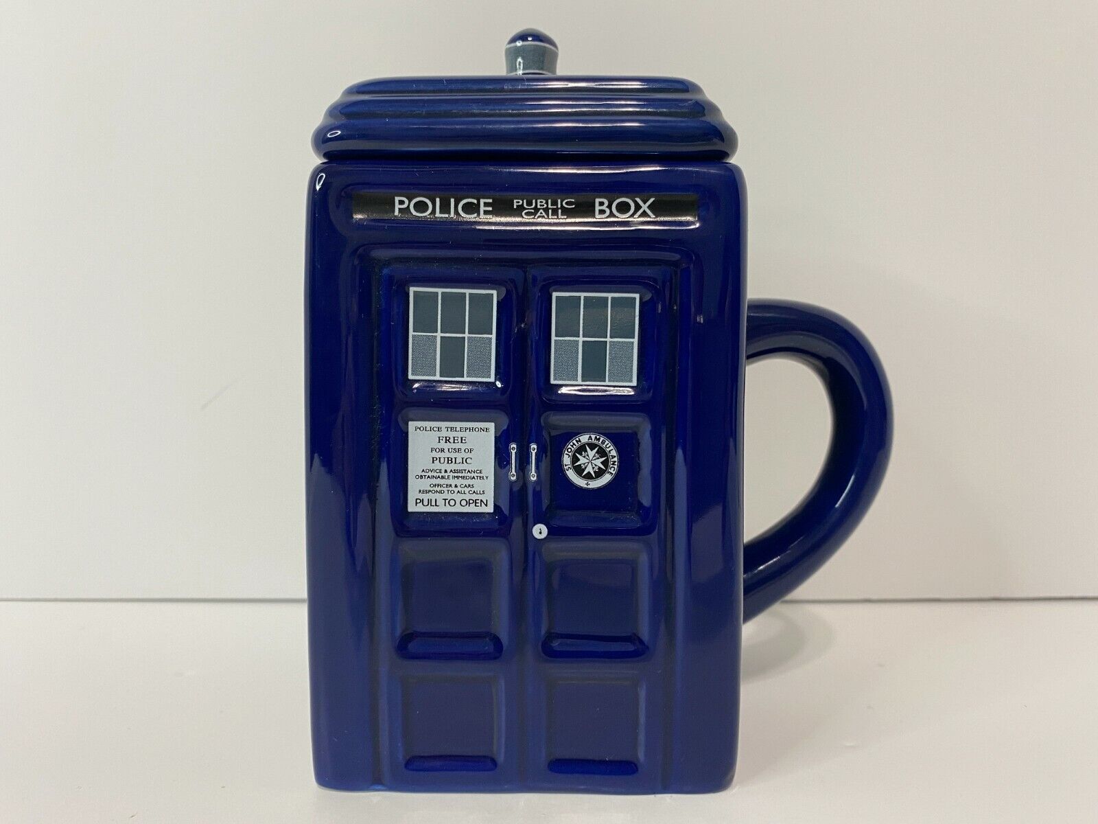 Doctor Who Tardis Police Call Box Ceramic Tea Coffee Cup Mug w Lid ZEON 2012 BBC