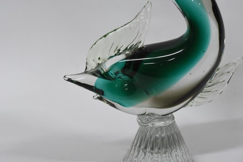 Vintage Murano Venitian Green Art Glass 12" Leaping Fish Figurine on Base Retro - Picture 2 of 24