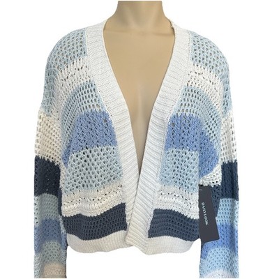 Le Lis Collection Crochet Cardigan Crop Women s Medium Striped White Blue NWT