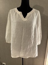 Talbots 100% Linen Blouse White Split V Neck Tunic 3/4 Puff Sleeve Boho Beach