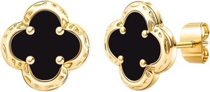 Authentic Elegant Black Onyx Clover Stud Earrings, 14K Gold Plated Four Leaf Hypoallergein
