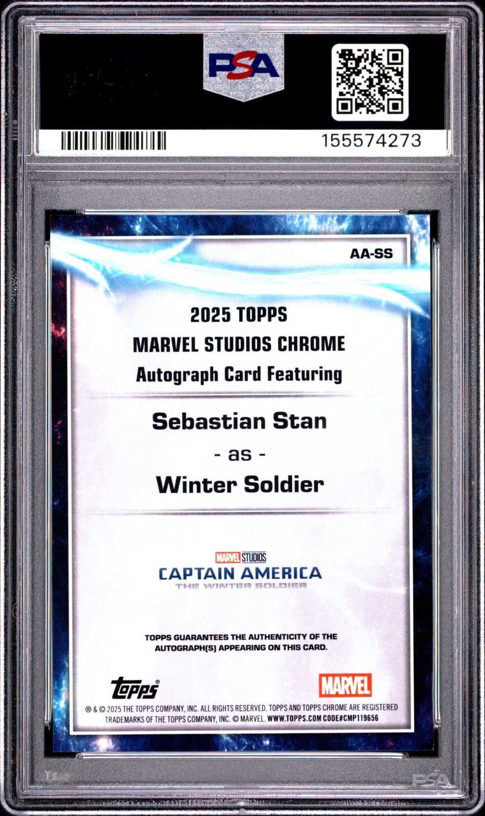 Sebastian Stan 2025 Topps Chrome Marvel Studios Sapphire Auto PSA 10 view 2
