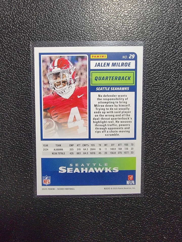 Carte Panini Score 2025 Jalen Milroe RC #124/299 - Rookie NFL - Seattle Seahawks