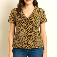 VTG RLR Lauren Ralph Lauren Womens 2x Leopard Knit Top Ruffle V Neck Blouse EUC