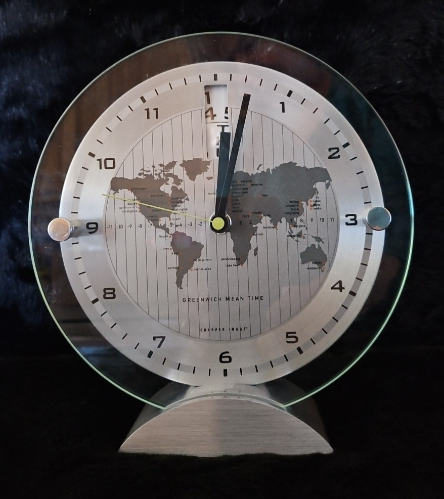 World Map Time Analog Desk Clock Greenwich Mean Time 8.5" Gray Black Round Clear