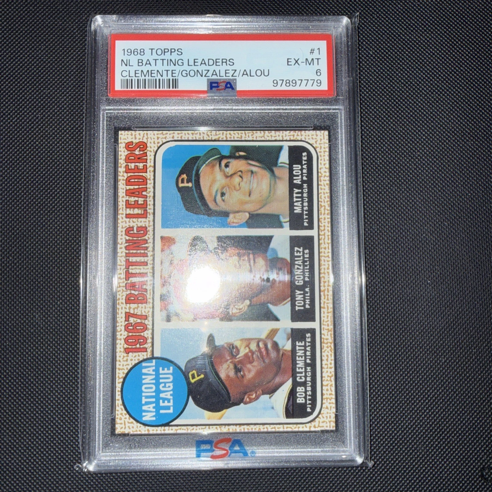 Deal for 1968 Topps #1 NL Batting Leaders Roberto Clemente, Gonzalez, Alou PSA 6 EX-MT