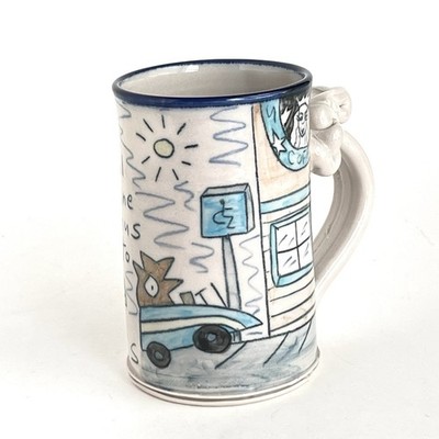 Tom Edwards Art Pottery Mug Wally Diagnosed w/Caffeine Dependency Drive Thru