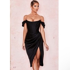 NWT House of CB Loretta Black Satin Off Shoulder Corset Draped Dress Large PLUS+