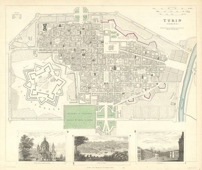 TURIN TORINO antiker Stadtplan Plan & Ansicht. Superga. Königspalast. SDUK 1847