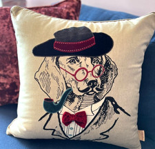 Classy Canine Dog Linen Embroidered Appliqu  Throw Pillow 18" x 18" Zipper NICE